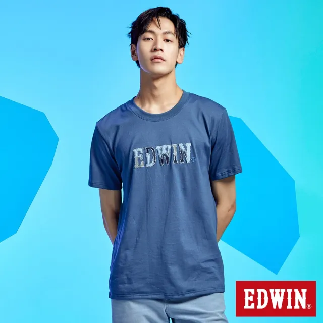 【EDWIN】男裝 拼布LOGO短袖T恤(灰藍色)