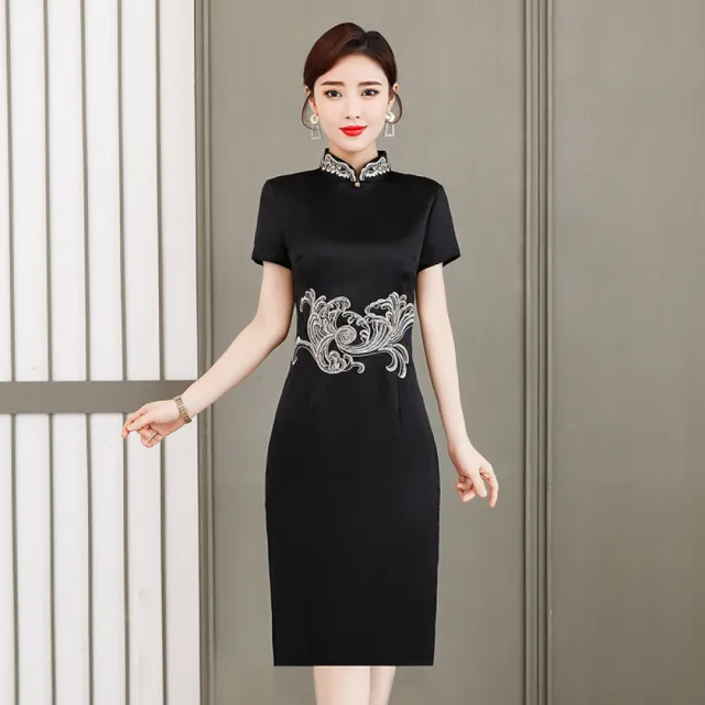 【Very Buy 非常勸敗】夏季旗袍改良洋裝中國風復古氣質刺繡年輕長款黑色顯瘦