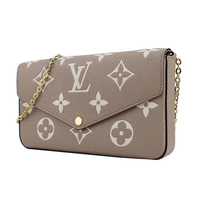 【Louis Vuitton 路易威登】M69977 Pochette Felicie系列經典LOGO牛皮壓紋鍊帶斜背包(附卡夾/卡其)