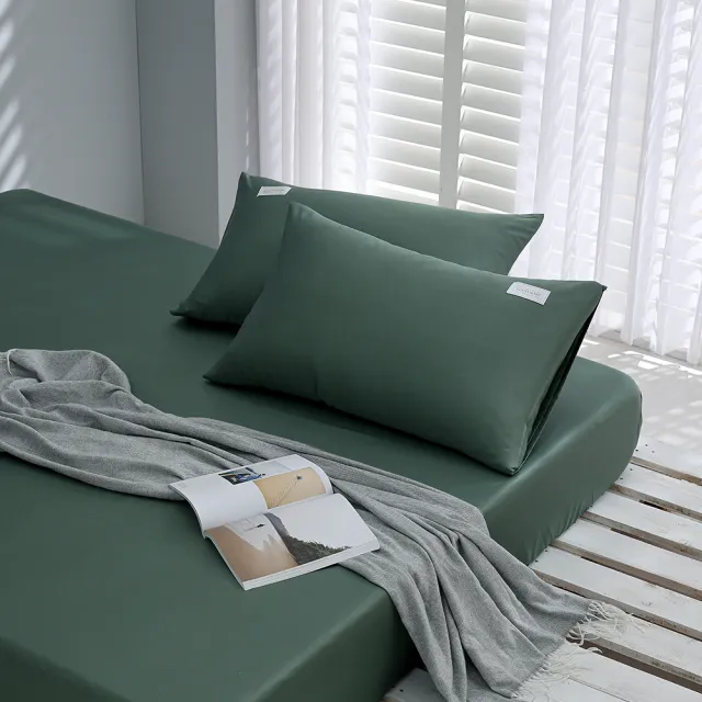 【GOLDEN-TIME】60支100%純淨天絲三件式枕套床包組-墨松綠(雙人)