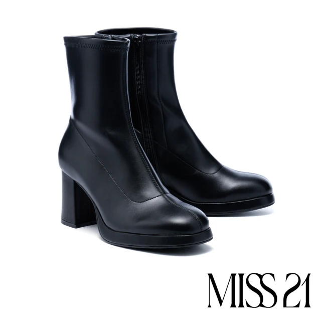 MISS 21 復古時髦純色側拉鍊方頭水台高跟短靴(黑)