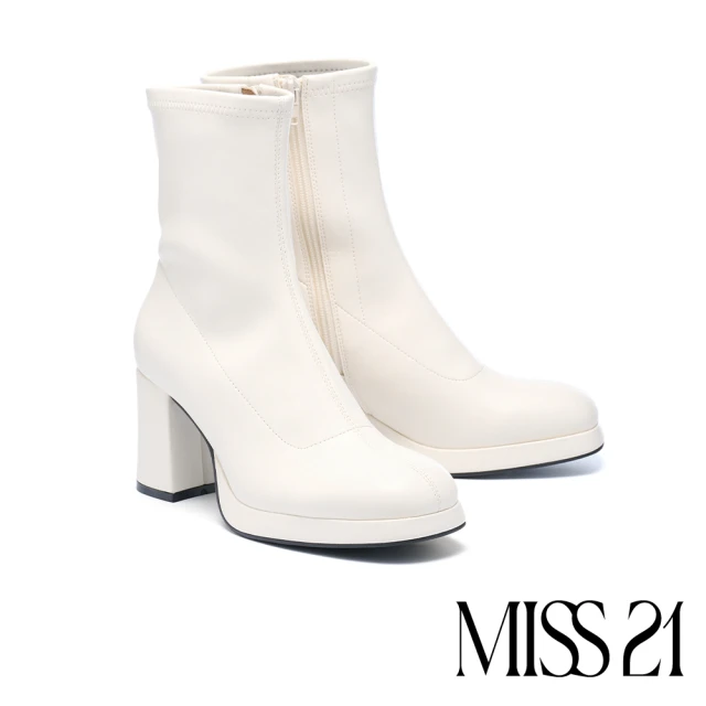 MISS 21MISS 21 復古時髦純色側拉鍊方頭水台高跟短靴(米白)