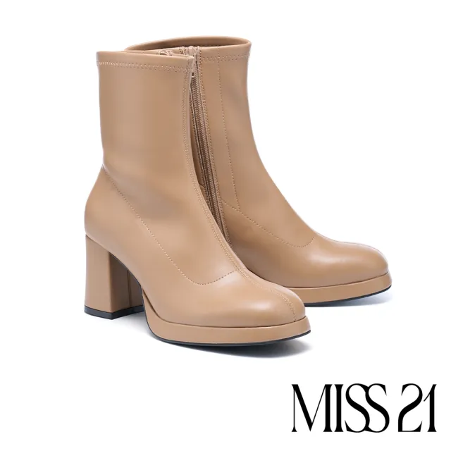 【MISS 21】復古時髦純色側拉鍊方頭水台高跟短靴(駝)