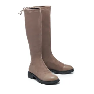 【MELROSE】美樂斯 沉穩內斂彈力絨布拼接牛皮圓頭低跟長靴(杏)