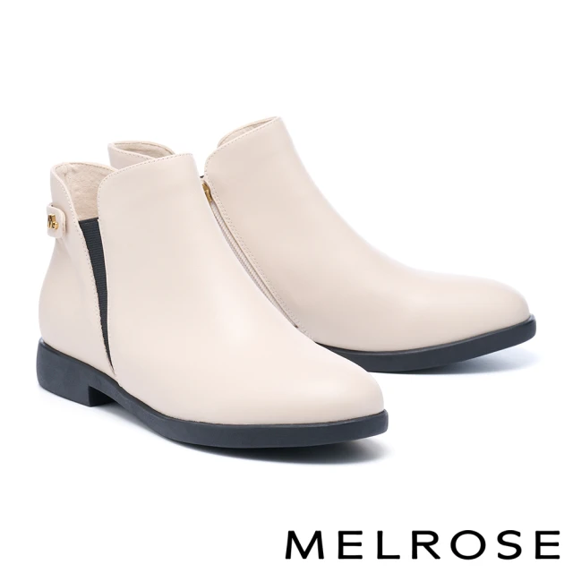 MELROSE 美樂斯 簡約質感M字釦鬆緊帶拼接牛皮厚底短靴