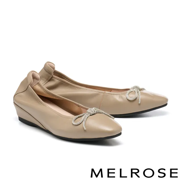 【MELROSE】美樂斯 沉穩典雅晶鑽蝴蝶結全真皮小方頭楔型低跟鞋(可可)