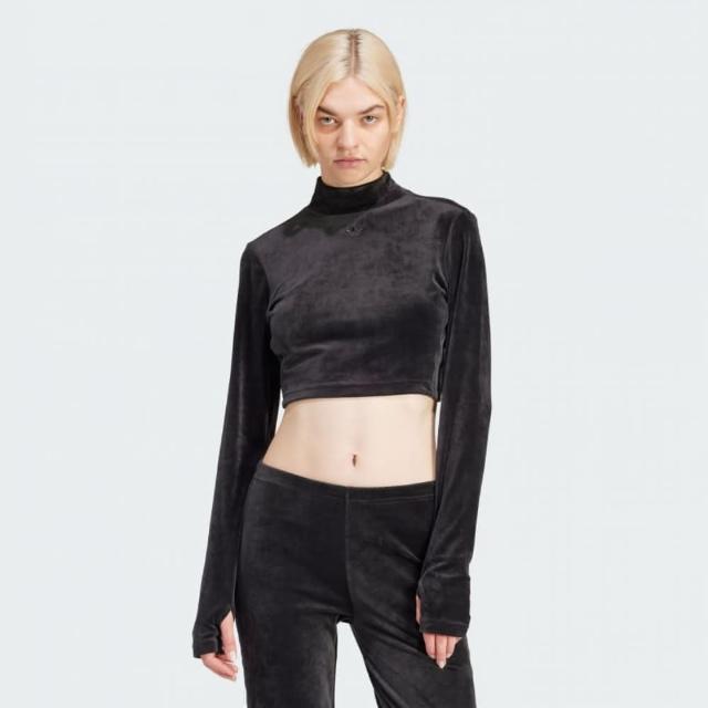 【adidas 愛迪達】上衣 女款 長袖上衣 運動 VELVET CROP TOP 黑 IT9660