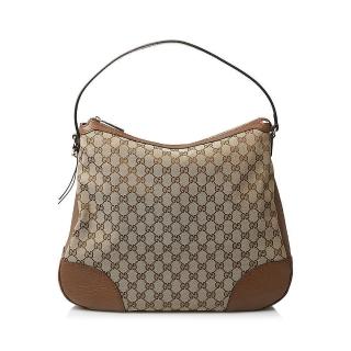 【GUCCI 古馳】449244 經典雙G緹花皮革飾邊腋下包/手提/肩背包(棕色)