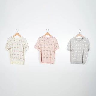 【CUMAR】甜美造型緹花短袖針織上衣(粉 米 灰/魅力商品)