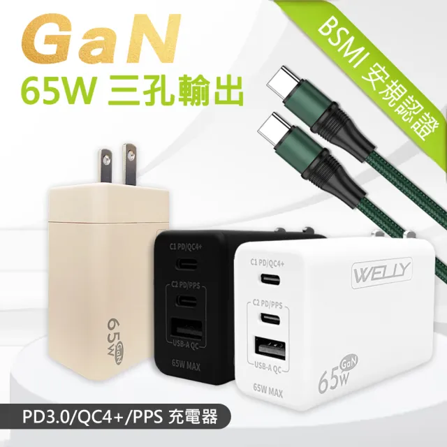 【WELLY】65W氮化鎵GaN 極速充電器+100W Type-C to Type-C 1.2M 傳輸充電線(組合)