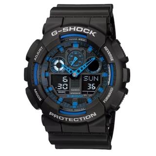 【CASIO 卡西歐】G-SHOCK 重型機械感錶款 黑X藍 GA-100-1A2 51.2mm