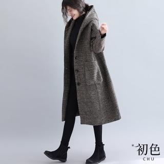 【初色】小香風寬鬆防風千鳥格紋單排釦長袖中長款毛呢科技羽絨棉連帽外套女外套-共2色-32159(M-2XL可選)
