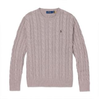 【RALPH LAUREN】RL POLO 經典圓領刺繡小馬純棉麻花針織毛衣 上衣-燕麥色(平輸品)