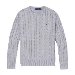【RALPH LAUREN】RL POLO 經典圓領刺繡小馬純棉麻花針織毛衣 上衣-灰色(平輸品)