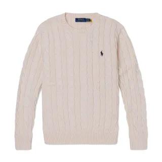【RALPH LAUREN】RL POLO 經典圓領刺繡小馬純棉麻花針織毛衣 上衣-杏色(平輸品/)