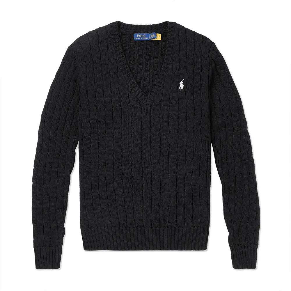 【RALPH LAUREN】RL POLO 經典V領刺繡小馬麻花針織毛衣 上衣-女-黑色(平輸品/保暖舒適/百搭爆款)
