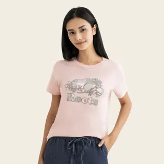【Roots】Roots女裝-經典小木屋系列 格紋海狸LOGO短袖T恤(粉橘色)