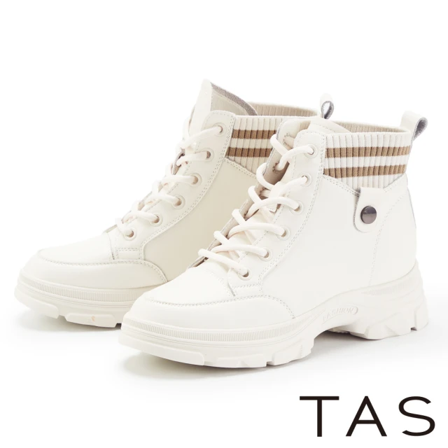 【TAS】雙材質拼接綁帶高筒厚底休閒鞋(白色)