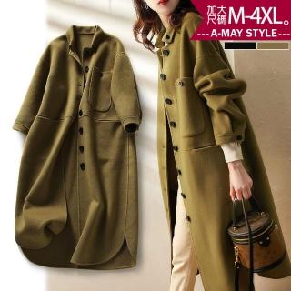 【艾美時尚】中大尺碼女裝 毛呢 外套 歐美時尚排釦顯瘦毛呢大衣。M-4XL(2色.現貨+預購)
