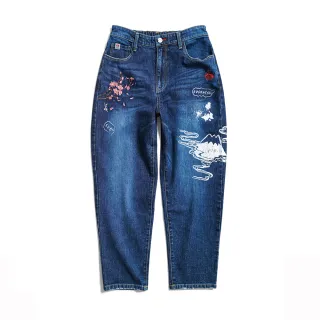 【EDWIN】江戶勝 女裝 櫻花富士錐形牛仔長褲(中古藍)
