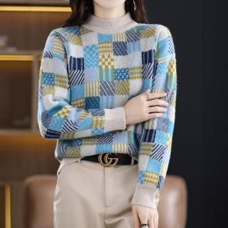 【LANNI 藍尼】現貨 格子撞色微高領針織衫※(休閒/正式/OL/長袖上衣/售完不補)