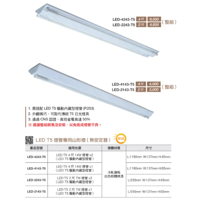 【DanceLight 舞光】10入組 T5 LED 4尺 雙管 山形燈具 山型燈具(白光/黃光)