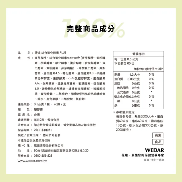 【Wedar 薇達】綜合消化酵素PLUS 3盒組(60顆/盒.美國大廠N.zimes19種消化酵素.頂級益生菌)