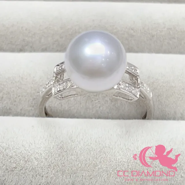 【CC Diamond】天然南洋澳白珍珠 18K鑲鑽石戒指(9.3mm)