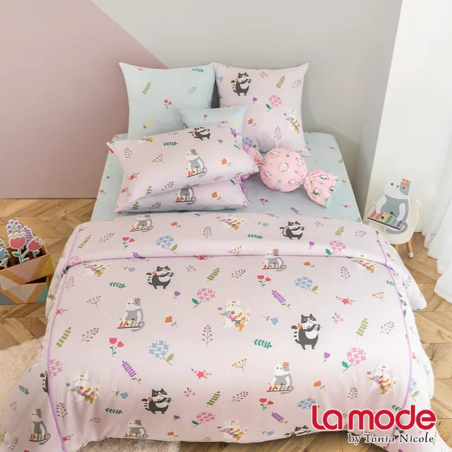 【La mode】環保印染100%精梳棉兩用被床包組-花貓DoReMi(雙人)