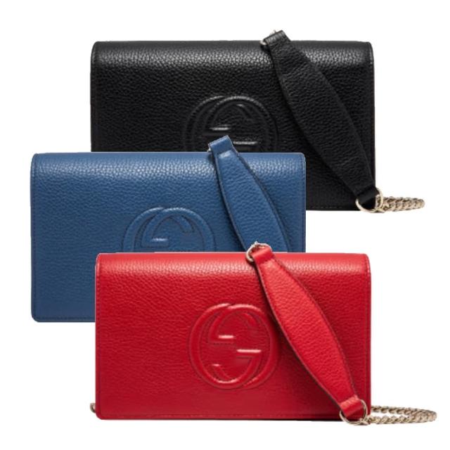 【GUCCI 古馳】SOHO系列經典GG牛皮鍊帶翻蓋斜背包(任選)