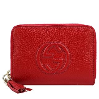 【GUCCI 古馳】SOHO系列荔枝紋牛皮拉鍊零錢/短夾(紅)