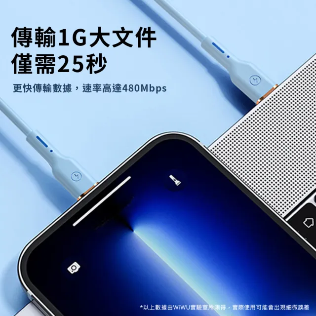 【WiWU】30W Type-C to Lightning 2米 元氣系列矽膠PD快充充電線(YQ03 不易打結矽膠材質)