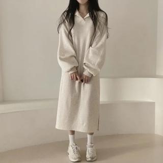 【D.studio】韓版內刷毛寬鬆慵懶風長版連衣裙(長袖上衣 寬鬆上衣 連身裙 套裝 長裙 裙子 女裝 衣服 S292)