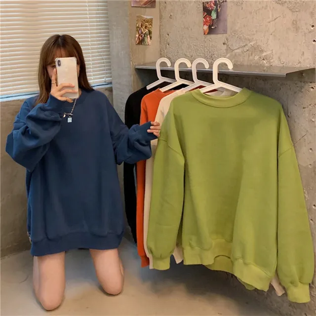 【D.studio】韓版中長款寬鬆內刷毛長袖上衣(大學T女裝衣服寬鬆上衣顯瘦上衣長袖t恤冬裝發熱衣 W466)