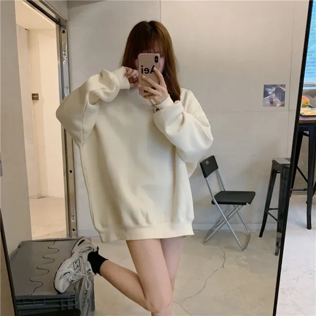 【D.studio】韓版中長款寬鬆內刷毛長袖上衣(大學T女裝衣服寬鬆上衣顯瘦上衣長袖t恤冬裝發熱衣 W466)