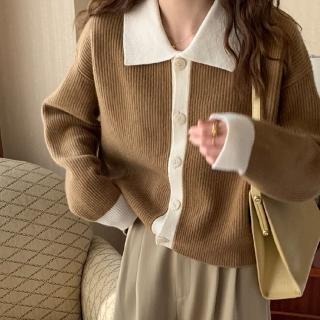 【D.studio】韓版復古翻領撞色針織上衣(長袖上衣 女裝 衣服 寬鬆上衣 顯瘦上衣 襯衫 W448)