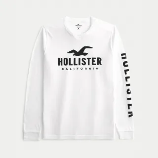 【HOLLISTER Co】HCO 海鷗 經典刺繡大海鷗文字圖案長袖T恤 上衣-白色(平輸品)