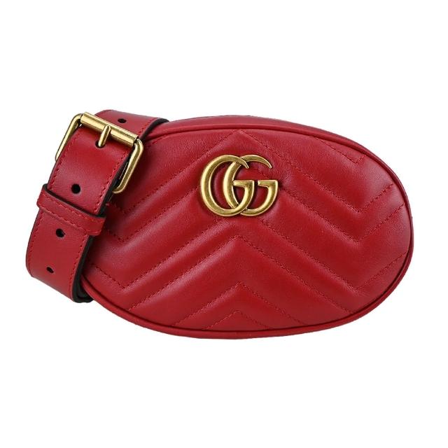 【GUCCI 古馳】GG Marmont 絎縫牛皮拉鍊腰包/腰包(紅色)