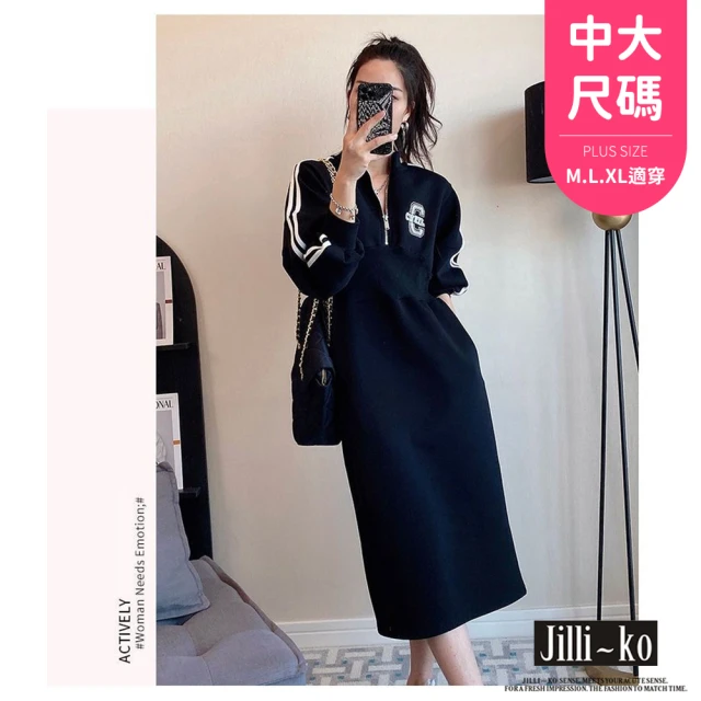 JILLI-KO 運動風收腰連衣裙顯瘦中長款後開衩設計-F(黑)