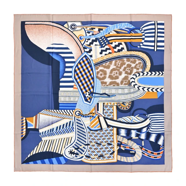 Hermes 愛馬仕 La Selle Imaginaire 140 cm手工捲邊喀什米爾與真絲混紡方巾(亮棕/藍/赭)