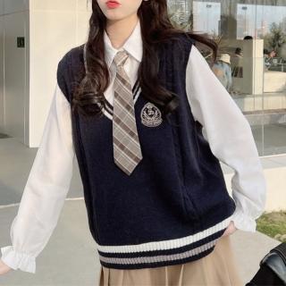 【ONEY 歐妮】★撞色V領學院風背心毛衣(女上衣/長袖/馬甲)