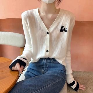 【ONEY 歐妮】★針織刺繡薄款V領開衫外套(女上衣/長袖/百搭)