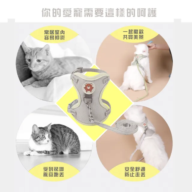 灰灰小熊可調節工字胸背帶-附牽引繩(防掙脫 貓咪 兔子 小型犬 項圈 外出遛狗 背心式 寵物 狗狗牽繩)