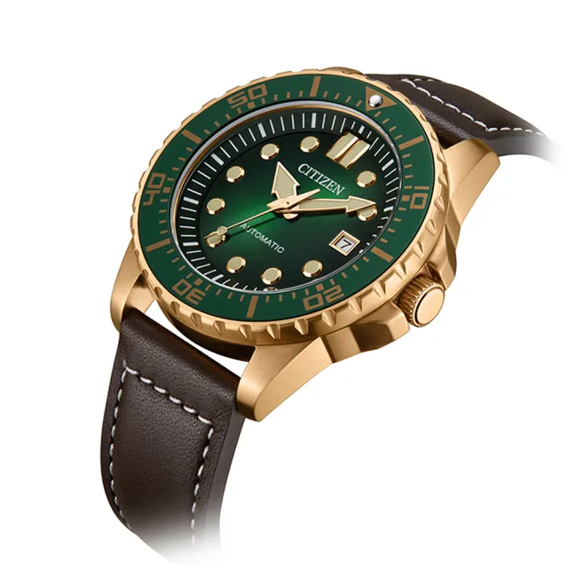 【CITIZEN 星辰】綠水鬼風格皮帶機械錶 送行動電源 畢業禮物(NJ0173-18X)
