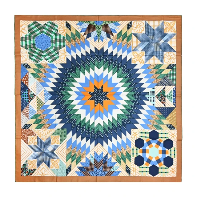 Hermes 愛馬仕 American Quilts 140 cm手工捲邊喀什米爾與真絲混紡方巾(米黃/棕)