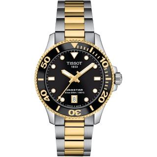 【TISSOT 天梭 官方授權】Seastar 1000海星300米潛水錶-36mm/黑金 情人節 禮物(T1202102205100)