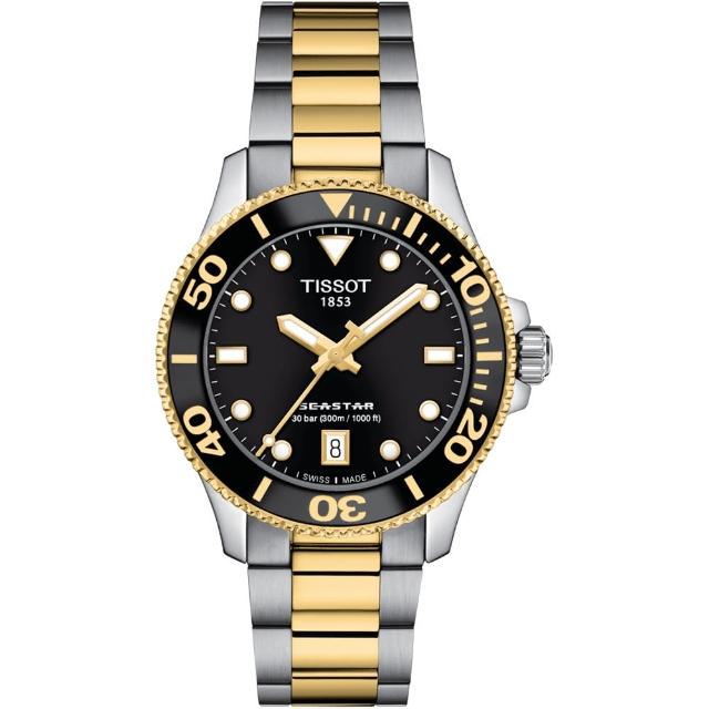 【TISSOT 天梭 官方授權】Seastar 1000海星300米潛水錶-36mm/黑金 情人節 禮物(T1202102205100)