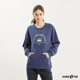 【Hang Ten】女裝-保暖內刷毛拱字印花大學T(深藍)