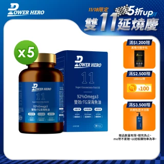 【PowerHero 勁漢英雄】92%Omega3 雙效rTG深海魚油x5盒(120顆/盒、專利3倍去腥味、嚴選深海無毒小魚)