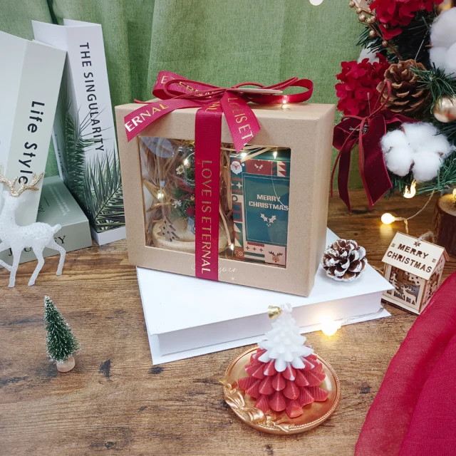 【KIRA與花花藝】聖誕樹蠟燭×永生聖誕樹LED玻璃罩 交換禮物盒 /聖誕紅(附燭台、LED燈/聖誕禮物/聖誕節)